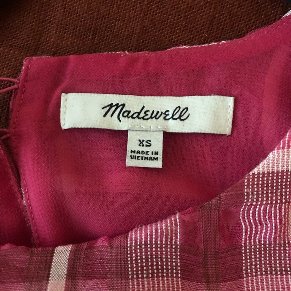 Madewell pink and red plaid top puff sleeve. - Picture 3 of 3
